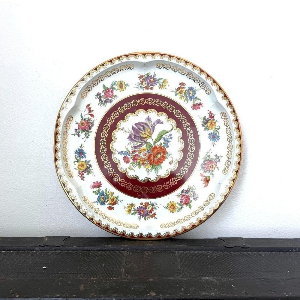 Vintage Daher Decorated Ware Floral Metal Plate Gold Trim Autumn Colors